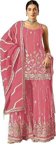 FABMIAMI Indian Dresses Short Kurti Sharara Style Faux Georgette Sleeveless Party, Wedding Wear Suit For Women FM-106 (US, Numeric, 48, Regular, Regular, Pink)