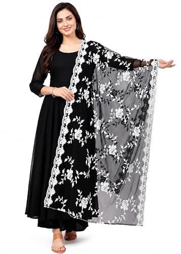 Chandrakala Net Dupatta for Women, Shawl Scarf Wrap Chunni,Black (D280BLA)