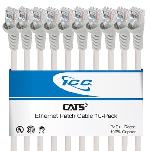 ICC CAT5e Ethernet Patch Cord 1 FT 10-Pack, UTP 24 AWG UL Listed, PoE++, 100% Stranded Copper Snagless Patch Cable for Patch Panel to Network Switch for Data Center, Office, and Home, 1 Feet White