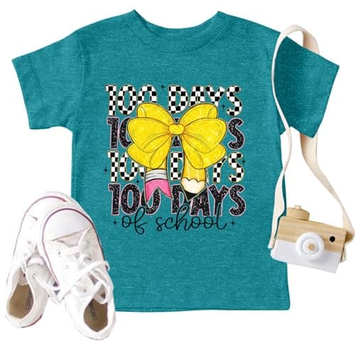 Ithalt Toddler Boys Girls 100 Days of School Shirt Kids Happy 100th Day of School Tshirt Kindergarten Tee Tops 4y-7y(DCyan, 130)