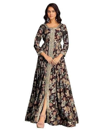 madhuram textiles Women's Embroidered Cotton Anarkali Dress | Long Flared Vatican Print Ethnic Gown with Full Sleeves for Party & Festive (US, Alpha, Medium, Regular, Regular, Coffee)
