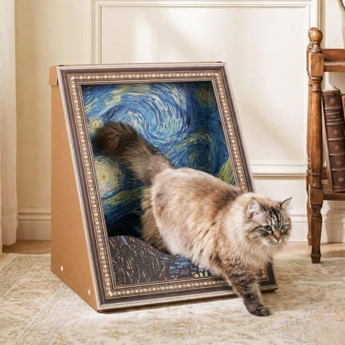 Happy & Polly Retro Art 3D Oil Painting Cat Scratcher, Corrugated Cardboard, 3-in-1 Lounge, Hideout and Scratching Pad (Starry Night)