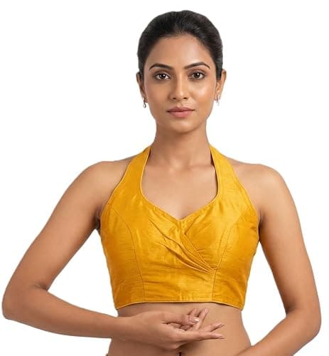 RC FASHIONS Halter Neck Blouse, Ruched Front Detail, Open Back, Sleeveless, Saree Blouse for Festive and Wedding Wear (Bright Yellow, 38- XLarge)