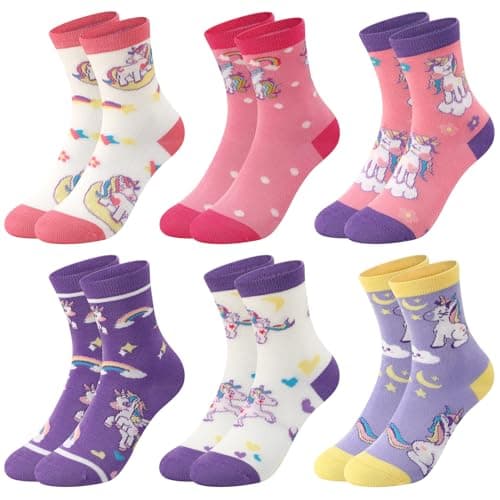 Jspupifip 6 Pairs Kids Girls White Purple Pink Crew Athletic Socks Funny Cotton Cute Unicorn Cartoon Pattern Socks for Running Sport Outdoor 10-14