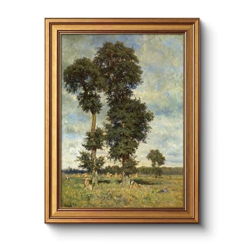 Vintage Framed Landscape Wall Art 12x16 Inch Canvas Print, Towering Trees and Field Countryside Nature Painting, Classic Pastoral Scenery Artwork Traditional Living Room Bedroom Office Home
