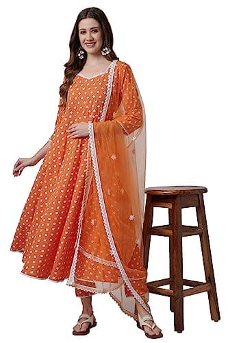 miss fame Women's Cotton Anarkali Kurta with Pants and Dupatta - (Orange, XX-Large)