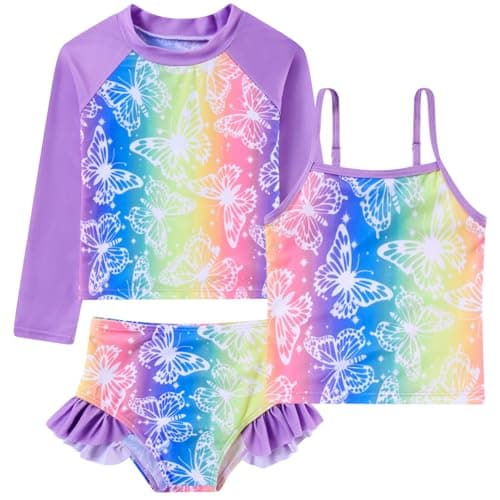 Funnycokid 4t 5t Swimsuit Girls Tankini Rash Guard Bathing Suit Rainbow Butterfly Long Sleeve 3 Pieces Kids Toddler 4 5 Years Swimwear