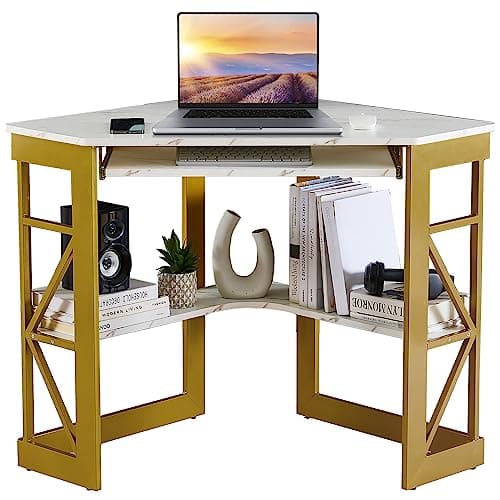 VECELO Corner Computer Desk 41...ffice Workstation,White & Gold