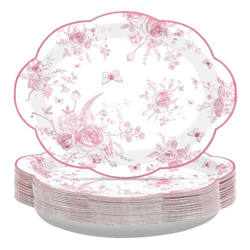 50Pcs Pink Floral Oval Paper Plates 10" x 12" Large Pink and White Floral Scalloped Plates Disposable Heavy Duty Vintage Flower Dessert Platters for Wedding Bridal Shower Decoration Tea Party Supplies