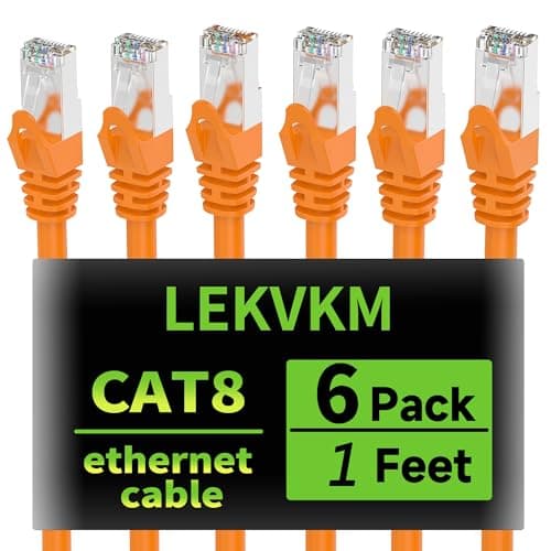 LEKVKM Cat8 Ethernet Cable 1ft, 6-Pack S/FTP Shielded LAN Network Cord, 40Gbps 2000MHz Heavy Duty High Speed, Ideal for Server Rooms, Routers, Switches – Orange