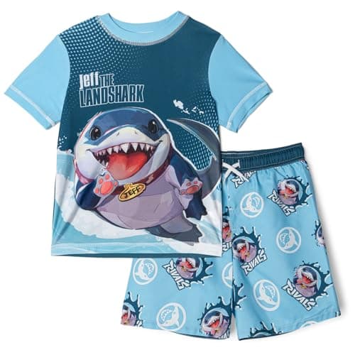 Marvel Rivals Jeff the Land Shark Big Boys Rash Guard and Swim Trunks UPF 50+ Outfit Set Blue Jeff 10-12