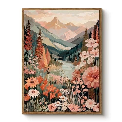 Bzstyleart Framed Vintage Wall Art Vintage Decor, Landscape Wall Art Framed, Mountain with Flower Artwork, Farmhouse Decor Aesthetic Christmas Gift Bedroom Bathroom Office Living Room, 12 X 16 Inch