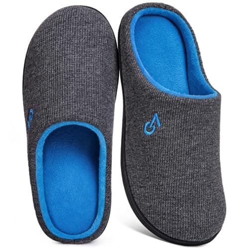 VeraCosy Men's Two-Tone Memory Foam House Slippers Indoor Outdoor Durable Rubber Sole (Dark Gray/Blue, 11-12 US)