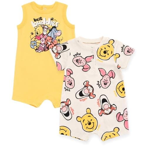 Disney Winnie the Pooh Newborn Baby Boys Henley Romper 2 Pack Yellow/Beige 3-6 Months