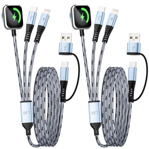 Jogrytece Multi Charging Cable, 5FT 2Packs 3 in 2 Chargers for Multiple Devices, Travel Essentials USB A&C/Type-C/IP Cord Compatible with iWatch/iPhone 17-11/Car