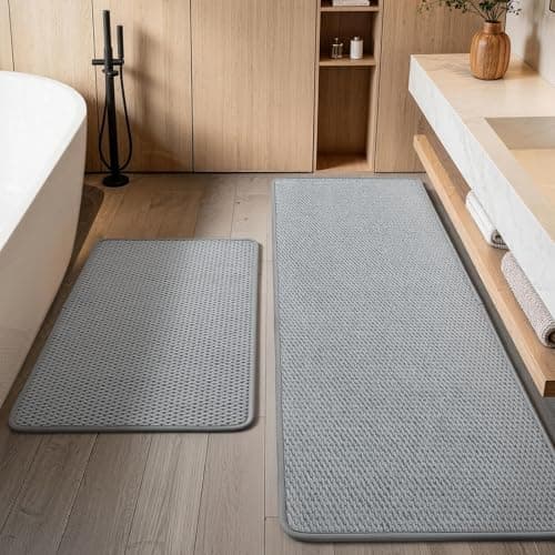 YIHOUSE Bathroom Rugs Sets 2 Pieces,Low Pile Soft Bath Rugs,Thin Bath Mats Non Slip Quick Dry,Super Absorbent Small Bathroom Mat Washable,Light Grey(17"x24"+17"x47")