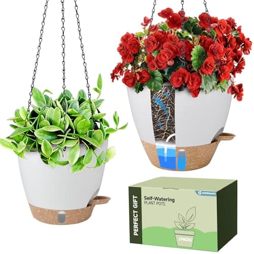 Goproauto Self-Watering Hanging Planters with Water Level Window, 8/10 Inch Indoor Outdoor Hanging Plant Pots Includes Chain Hangers with Drainage Holes & Detachable Reservoir (White, 8+10 inch)