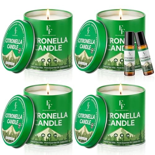 Citronella Candles Outdoor, Indoor Lemongrass Scented Candles with Citronella Essential Oil Roll On, Natural Soy Wax Jar Candle for Outside Camping Patio, 200-Hour Burn Time, 9 oz (4 Pack)