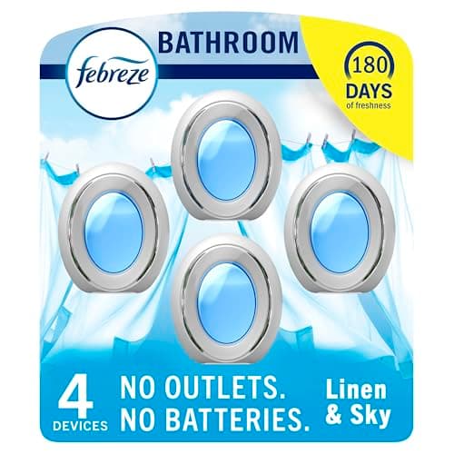 Febreze Bathroom Air Freshener Odor-Fighting for Small Spaces Scented Plug In Alternative Long-Lasting for Home and Bathroom and Kitchen Closet Air Fresheners, Linen & Sky Scent, 4 Count