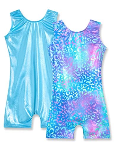 Nymphperi Girls Leotards for Gymnastics Size 5-6 Years Old 2 Pack Sparkle Blue Biketard with Shorts Shiny Green Purple Leopard Sleeveless Bodysuits