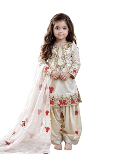 Cholista Girls Indian Ethnic Wear Salwar Kameez For Kids|Girls Punjabi Suit|Kids Kurta Sharara Set For Girls|Indian Dress. (off white, 3-5 years)