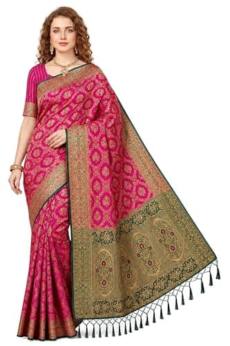Chandrakala Banarasi Art Silk Saree for Women, Zari & Meenakari Work, Contrast Border & Embellished Pallu, Indian Ethnic Wear, Pink Green