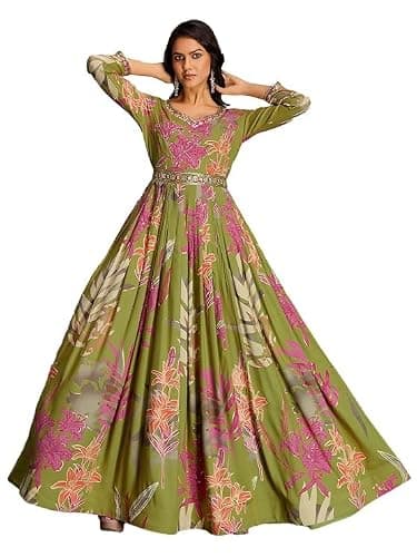 madhuram textiles Women’s Embroidered Rayon Anarkali Dress | Long Flared Ethnic Gown with Full Sleeves for Party & Festive Wear (US, Alpha, XX-Large, Regular, Regular, Green)
