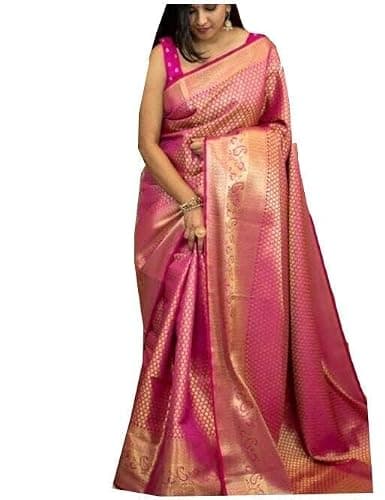 Saree For Womens Indian Saree Women's Kanjivaram Soft Lichi Silk Saree With Blouse Piece (Pink Gold)