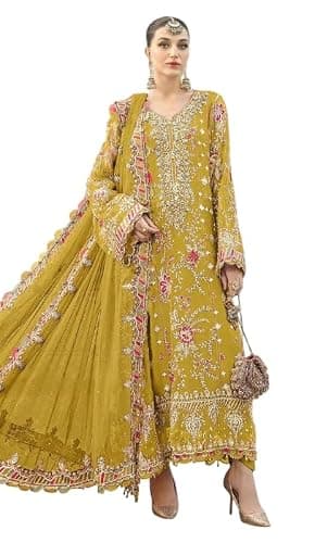 OQQTOO indian ready to wear salwar kameez embroidered wedding plus size Eid festival shalwar suit for women (US, Numeric, 44, Regular, Regular, Yellow)