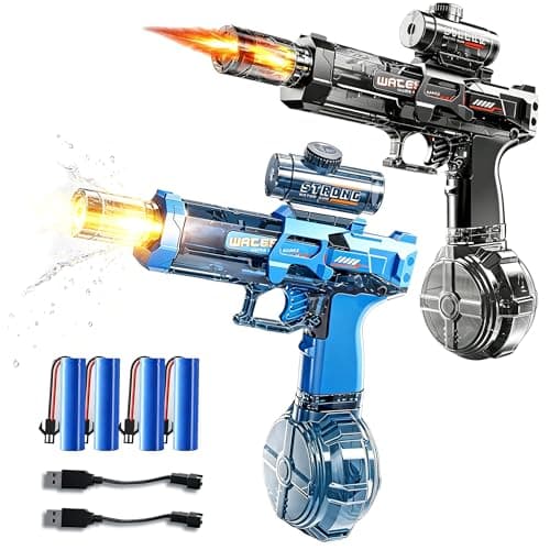 2PCS Electric Water Guns for Adults & Kids, Automatic Squirt Pistols (Black + Blue) with LED Light & Sound, Rechargeable, Long Range – Summer Outdoor Pool Beach Party Toys, 4 Batteries & 2 Cables