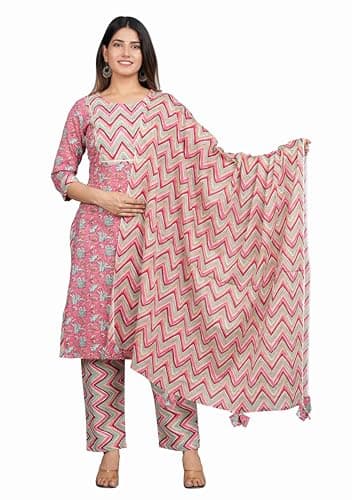 Ambararambh Women’s Pink Cotton Kurta Pant Set with Dupatta –Lehriya Printed 3pcs Suit–Ethnic Wear for Festivals, Daily Wear (Pink, Large)