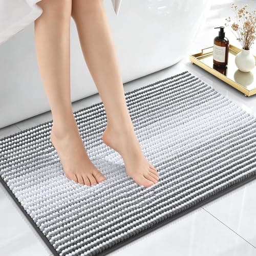 OLANLY Small Bathroom Rugs 24x16, Extra Soft Absorbent Chenille Striped Bath Rugs, Rubber Backing, Machine Wash Dry, Bath Mats for Bathroom Floor, Tub and Shower, Home Decor Accessories, Grey