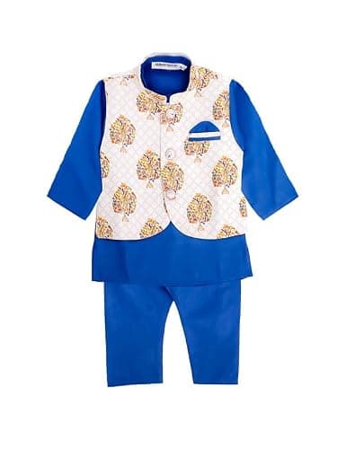 Superminis Cotton Boys Solid Color Kurta Set With Printed Fancy White Base Jacket (Blue, 3-6 Months)