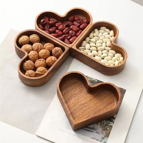 AQUGOO 4 Pcs Mini Wooden Heart Shaped Plate, 6.7-inch Heart Tray, Snack Tray, Dried Fruits Plates, Fruit Bowls, Nut Plates, Candies Trays, Jewelry Box, Table Decoration