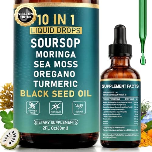 10-in-1 Soursop Bitters Liquid Drops | Natural Green |Rapid Gut Cleanse & Detox,Digestive Support with Oregano,Sea Moss,Moringa, Black Seed Oil,Turmeric, Ashwagandha, VCD | 2 Fl Oz | Non-GMO Vegan