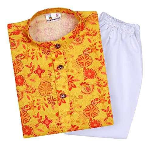 Superminis Baby Boys Printed Cotton Kurta With White Pyjama Dress (12-18 Months, Mustard)