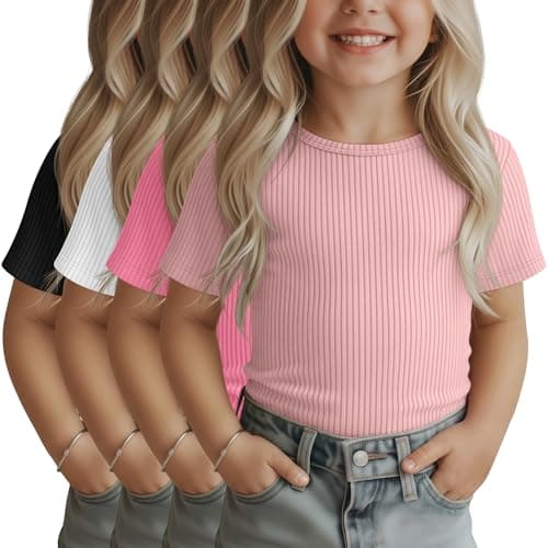 LessonZoo 4 Pack Toddler Girls Short Sleeve Shirts Cotton Ribbed Knit Crew Neck Tops Kids Slim Fit Summer Basic Soft Tees(Black, White, Peach Pink, Light Pink,4T)