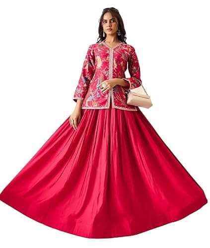 madhuram textiles Women’s Printed Dress with V-Neck and Embroidery | Vatican Print Top and Skirt Style Ethnic Dress (US, Alpha, Medium, Regular, Regular, Pink)