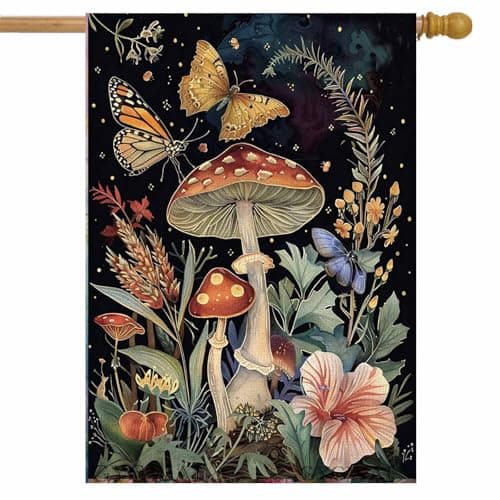 Spring Mushroom House Flag 28x40 Inch Double Sided, Floral Butterflies Large Garden Flag for Yard Seasonal Farmhouse Outside Outdoor Decor