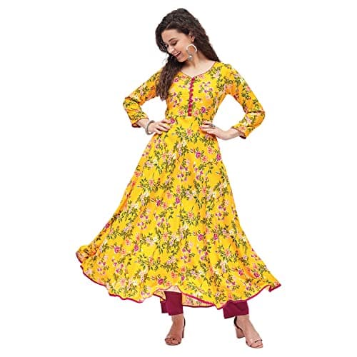 Tissu Women's Rayon Yellow & Rani Floral Printed A-Line Kurta (2211_Yellow_4XL)