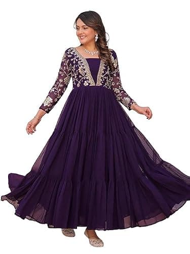 FOXDX Women's Georgette Embroidered Flared Anarkali Gown for Women || Traditional Embroidered Anarkali Dress (US, Alpha, Large, Regular, Regular, Purple)