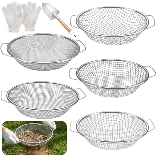 5PCS Soil Sifter, Gardening Soil Sifter with Handle Rock Compost Sifting Screen for 5 Gallon Buckets Garden Metal Sieve Strainer with Shovel 2,4,6,8,10mm Mesh Sizes Remove Stone Fine Gravel Sand Dirt
