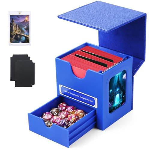 MAKHISTORY Patented MTG Commander DekBox, 100+ Double Sleeved Card Storage Box with Dice Tray, 35pt Card Holder & 2 Dividers - Magnetic Deck Case for TCG/CCG/Magic/Sports Cards, Blue
