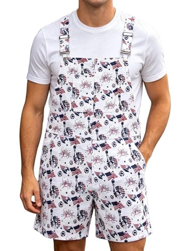 Bindefon Bibs Overalls Men Adjustable Straps Coveralls Shorts Printed Jumpsuit Male Romper(Flag,S)
