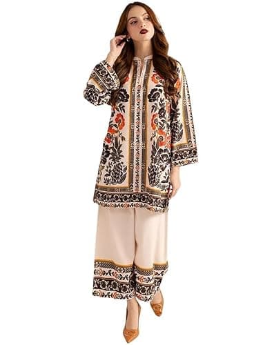Bhuvik Creations Women's Floral Print Kurta Palazzo Set, Cream, Long Sleeve, Pakistani Style 2-Piece Outfit (2X-Large)