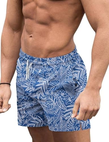 COOFANDY Mens Swim Short Quick Dry Bathing Suit Summer Beach Board Shorts Swim Trunk Blue Leaf L