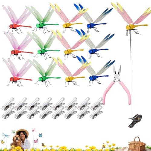 Jongdari 12 Sets Dragonfly Hat Clip Realistic Fake Dragonflies Clip-On Garden Outdoor Decor Stakes Plastic Dragon Fly Clips Plant Decorations for Pots, Includes Pliers & Clips