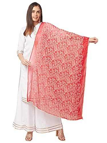 DUPATTA BAZAAR Women's Red & White Embroidered Chiffon dupatta