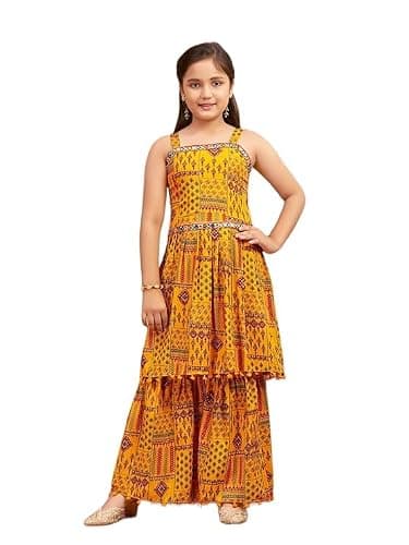 Girls' Printed Sleeveless Maxi Dress, Yellow and Red Ethnic Wear Mirror Lace Polyester Kurti Sharara Set (US, Age, 9 Years, 10 Years, Yellow)