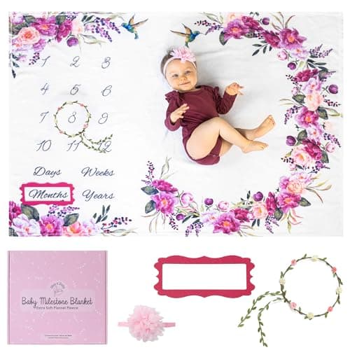 Bliss n' Baby Monthly Milestone Blanket for Baby Girl - 60"x40" - Wrinkle Free Baby Age Month Blanket with Growth Chart - Washable & Dryable - w/Wreath & Headband - Floral Theme
